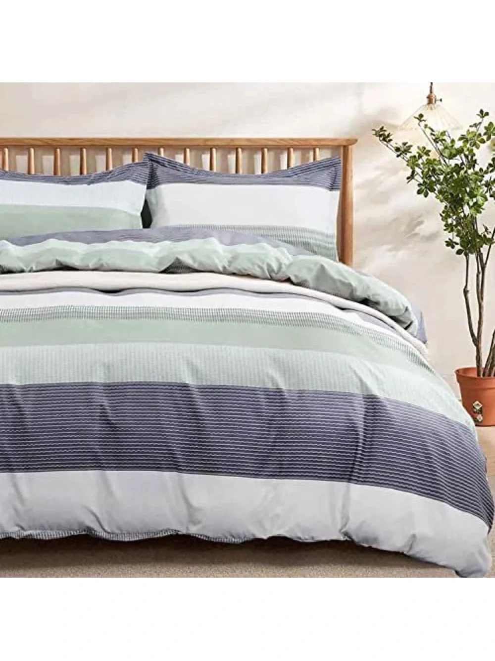 Gray & Mint Green Striped King Duvet Cover Set - 3pc